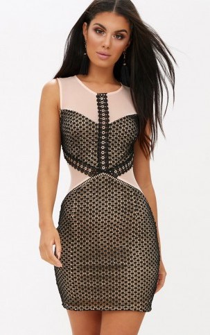 PRETTY LITTLE THING BLACK CROCHET LACE MESH PANEL BODYCON DRESS – going out dresses - flipped