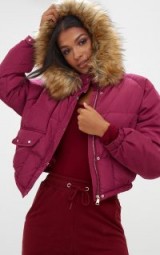 PRETTY LITTLE THING BERRY CROPPED PUFFER JACKET WITH FAUX FUR HOOD – hooded jackets