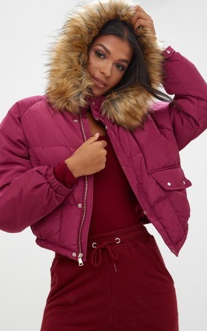 PRETTY LITTLE THING BERRY CROPPED PUFFER JACKET WITH FAUX FUR HOOD – hooded jackets - flipped