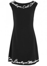 BOUTIQUE MOSCHINO Black embroidered A-line dress / Boutique C’est Chic / slogan fashion / lbd