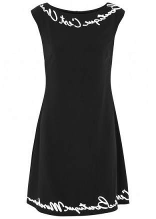 BOUTIQUE MOSCHINO Black embroidered A-line dress / Boutique C’est Chic / slogan fashion / lbd - flipped