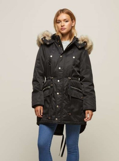 Miss Selfridge Black Faux Fur Trim Parka Coat | winter coats - flipped