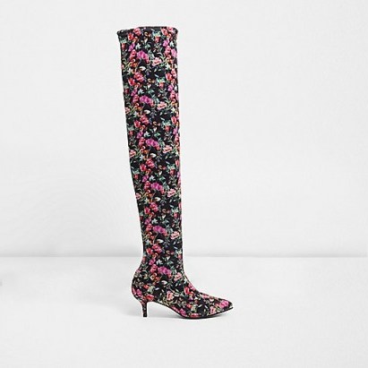 River Island Black floral over-the-knee kitten heel boots - flipped