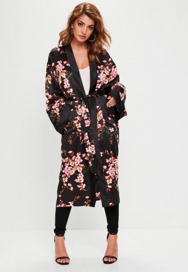 Missguided black floral print satin duster jacket - flipped