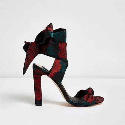 River Island Black floral tie up sandals – party heels - flipped