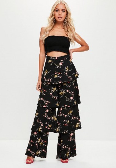 missguided black floral tiered flared trousers - flipped