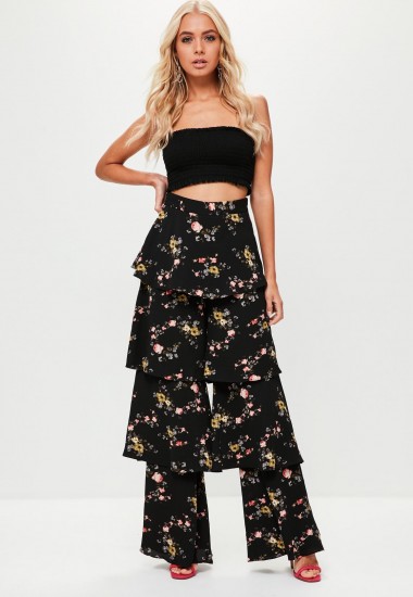 missguided black floral tiered flared trousers