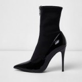 River Island Black patent zip front sock boots – black stiletto heel ankle boot