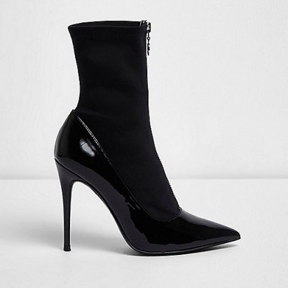 River Island Black patent zip front sock boots – black stiletto heel ankle boot - flipped