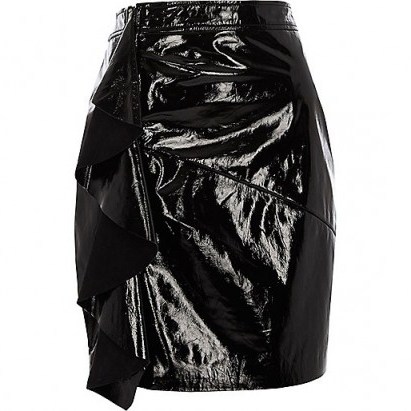 River Island Black RI Studio patent leather mini skirt / high shine frill skirts - flipped