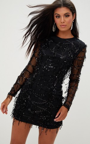 Black long sleeve short dress with mesh dresses