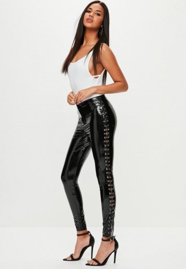 Missguided black vinyl high shine lace up trousers / shiny skinny pants / glossy fashion - flipped