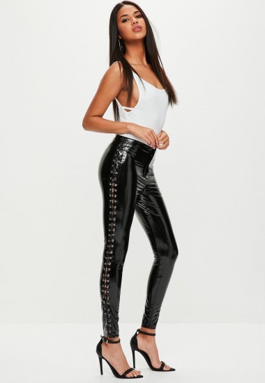 Missguided black vinyl high shine lace up trousers / shiny skinny pants / glossy fashion