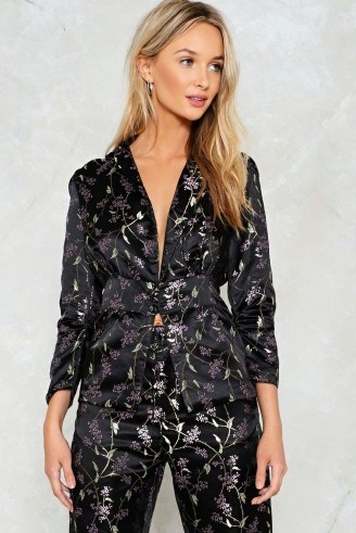 Nasty Gal Blossom of Your Love Satin Jacket ~ black floral evening jackets - flipped