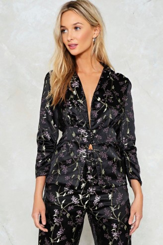 Nasty Gal Blossom of Your Love Satin Jacket ~ black floral evening jackets