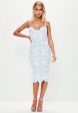 missguided blue puff print scallop neck plunge midi dress – strappy party dresses