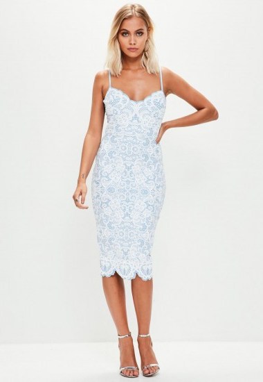 missguided blue puff print scallop neck plunge midi dress – strappy party dresses - flipped