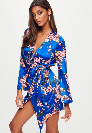 Missguided blue satin floral print shift dress - flipped