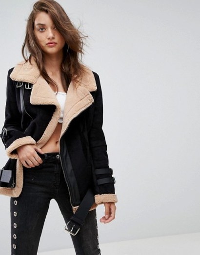 Boohoo Contrast Aviator Jacket – faux suede/fur jackets – casual winter coats - flipped
