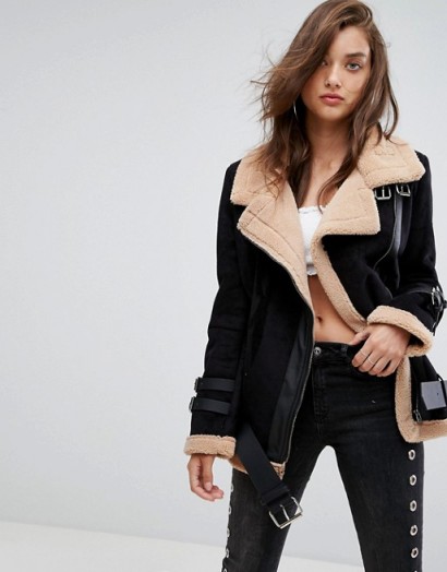 Boohoo Contrast Aviator Jacket – faux suede/fur jackets – casual winter coats