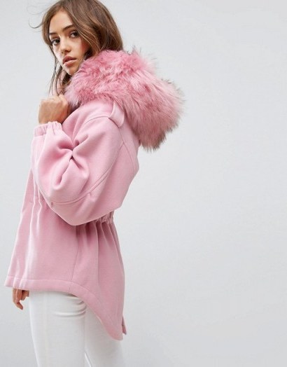 Boohoo Faux Fur Hooded Parka Jacket – pink winter jackets - flipped