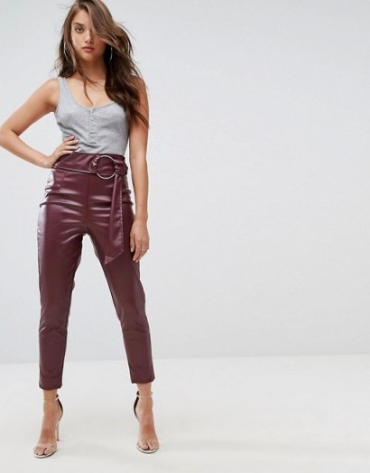 Boohoo Leather Look Buckle Belted Trouser | plum high waist tapered trousers - flipped