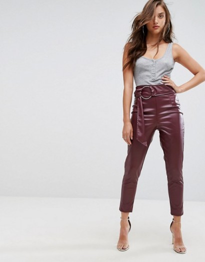 Boohoo Leather Look Buckle Belted Trouser | plum high waist tapered trousers
