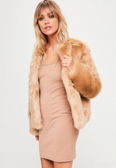 missguided brown collarless faux fur coat ~ fluffy winter jackets - flipped