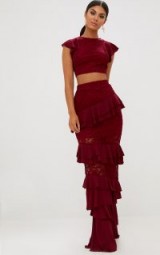 PRETTY LITTLE THING BURGUNDY LACE FRILL DETAIL MAXI SKIRT – long dark red ruffled skirts – going out fashion