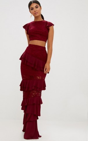 PRETTY LITTLE THING BURGUNDY LACE FRILL DETAIL MAXI SKIRT – long dark red ruffled skirts – going out fashion - flipped