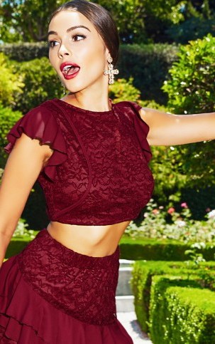 PRETTY LITTLE THING BURGUNDY LACE FRILL SLEEVE DETAIL CROP TOP – dark red crop tops – going out fashion - flipped