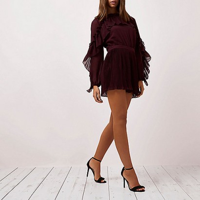 River Island Burgundy long sleeve pleated frill playsuit ~ dark red playsuits ~ party fashion