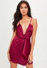 MISSGUIDED burgundy twist cami dress – silky dark red plunging dresses – going out fashion