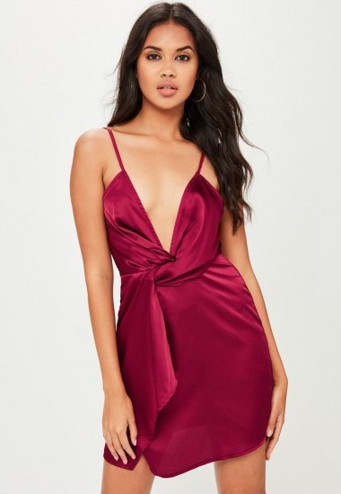 MISSGUIDED burgundy twist cami dress – silky dark red plunging dresses – going out fashion - flipped