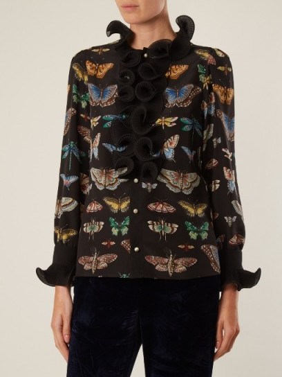 GUCCI Butterfly-print ruffled silk blouse ~ romantic blouses - flipped