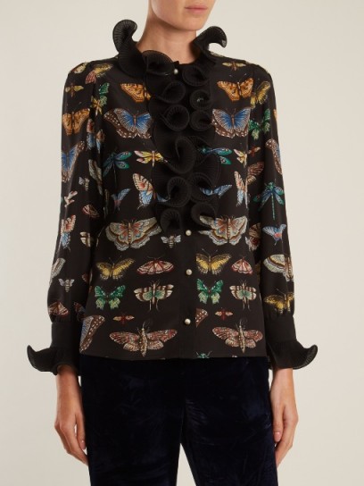 GUCCI Butterfly-print ruffled silk blouse ~ romantic blouses