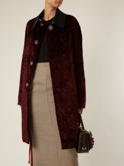 NO. 21 Button-embellished faux-astrakhan coat – luxe statement coats – burgundy - flipped