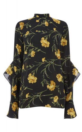 WAREHOUSE CARNATION PRINT TOP / floral fill sleeved high neck tops