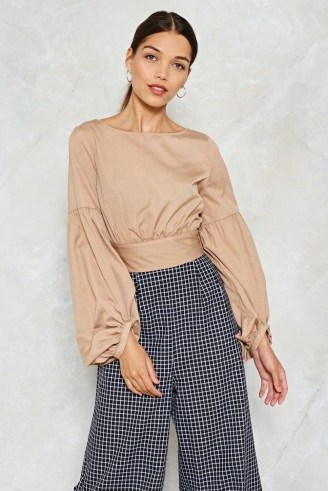Nasty Gal Cast Your Tie Over It Crop Top | taupe bishop sleeve tops - flipped