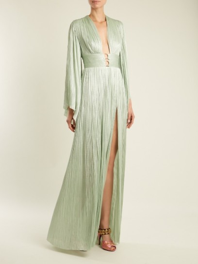 MARIA LUCIA HOHAN Charlize kimono-sleeve pleated tulle gown ~ metallic mint-green gowns