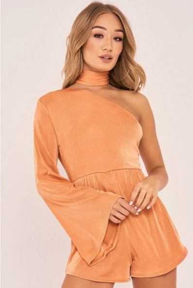 CHARLOTTE CROSBY ROSE GOLD ONE SHOULDER FLARED SLEEVE PLAYSUIT – choker playsuits – party fashion