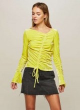 Miss Selfridge Chartreuse Velvet Drawstring Top | yellow ruched tops