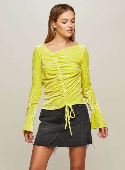 Miss Selfridge Chartreuse Velvet Drawstring Top | yellow ruched tops - flipped