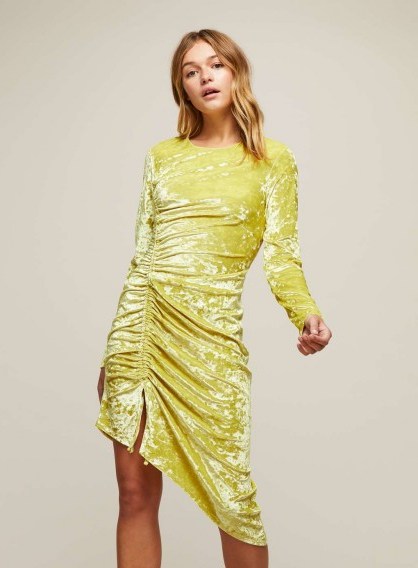 MISS SELFRIDGE Chartreusse Velvet Shift Dress – ruched, asymmetric hemline dresses – going out fashion - flipped