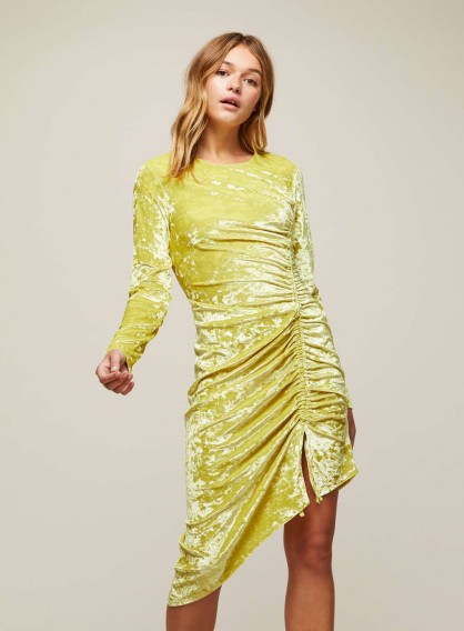 MISS SELFRIDGE Chartreusse Velvet Shift Dress – ruched, asymmetric hemline dresses – going out fashion