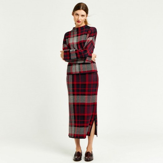 WAREHOUSE CHECK KNITTED SKIRT / red checked print pencil skirts / knitwear - flipped