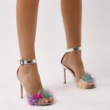 PUBLIC DESIRE CHEMISTRY MULTI FEATHER BARELY THERE HEELS IN SILVER PU – fluffy metallic party shoes