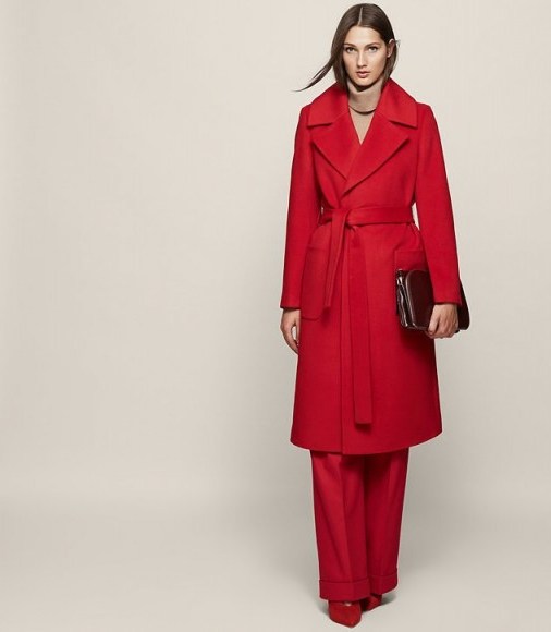 REISS CHILTERN LONGLINE WRAP COAT MARASCHINO ~ red belted coats ~ stylish winter outerwear - flipped