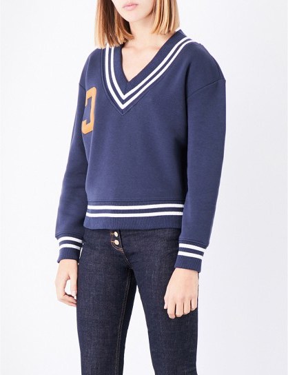 CLAUDIE PIERLOT V-neck cotton-blend sweatshirt | blue varsity sweatshirts - flipped