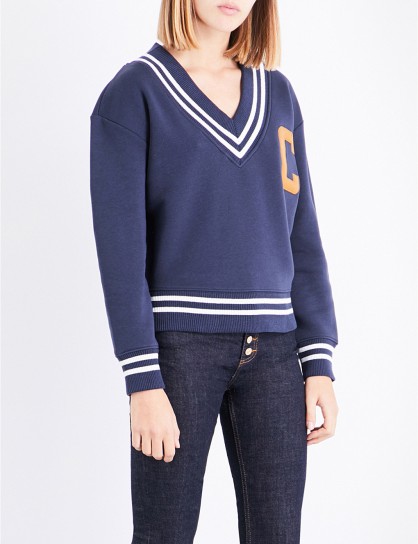 CLAUDIE PIERLOT V-neck cotton-blend sweatshirt | blue varsity sweatshirts